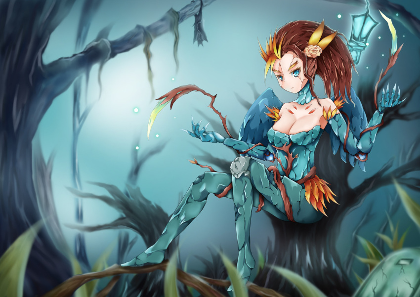 1girl absurdres alternate_costume blonde_hair blue_eyes breasts brown_hair cleavage dying0414 flower gloves hair_flower hair_ornament haunted_zyra highres lamp leaf league_of_legends long_hair multicolored_hair sitting solo tree two-tone_hair vines wings zyra