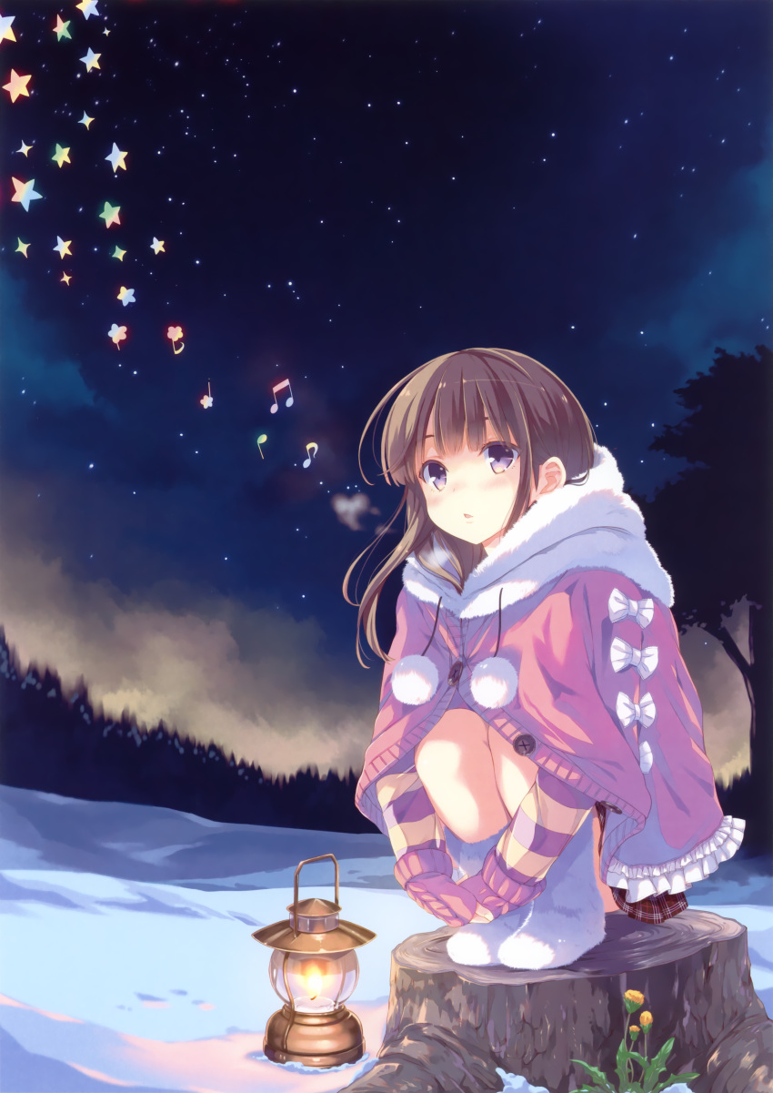 1girl absurdres blush boots breath brown_hair coat flower highres huge_filesize lantern musical_note night night_sky ohara_tometa original plaid plaid_skirt skirt sky snow solo squatting star_(sky) starry_sky tree tree_stump violet_eyes whistling