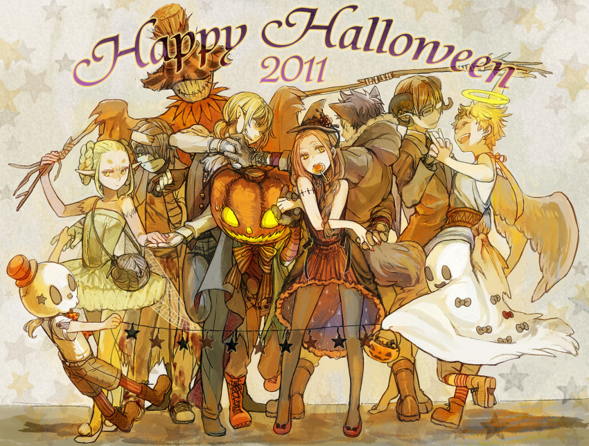 2011 ^_^ animal_ears bandages boots broom candy child closed_eyes dancing dress fighting glasses ha.skr_(hasukara) halloween halo headgear highres holding_hands horns lollipop long_hair looking_at_viewer nail_polish original pantyhose pointy_ears ponytail pumpkin scarecrow smile standing striped wings wolf_ears