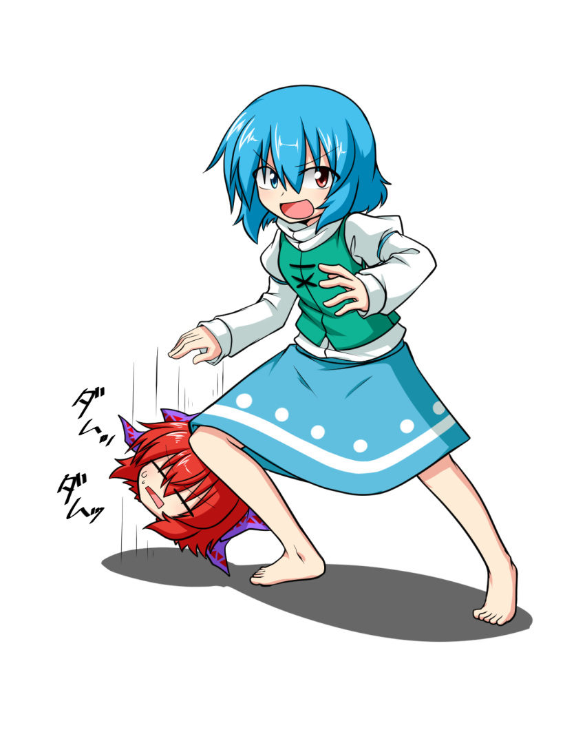 &gt;:d 1girl :d =_= barefoot basketball blue_hair blush bow disembodied_head dribbling hair_bow heterochromia highres juliet_sleeves katsumi5o large_bow long_sleeves open_mouth puffy_sleeves rectangular_mouth red_eyes sekibanki short_hair skirt smile square_mouth swat tatara_kogasa touhou tunic unamused