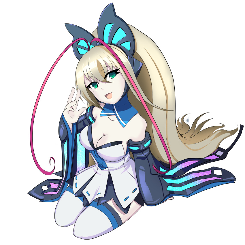 1girl absurdres azure_striker_gunvolt bare_shoulders blonde_hair breasts butterfly_hair_ornament cleavage detached_sleeves hair_ornament highres long_hair lumen_(gunvolt) lydi-lydi_(jes) multicolored_hair redhead solo thigh-highs two-tone_hair wide_sleeves wings