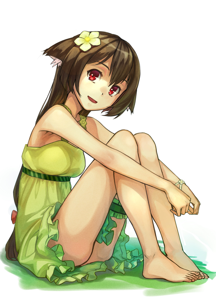 1girl absurdres animal_ears brown_hair dress green_dress highres jinyuan712 long_hair looking_at_viewer original red_eyes simple_background solo white_background