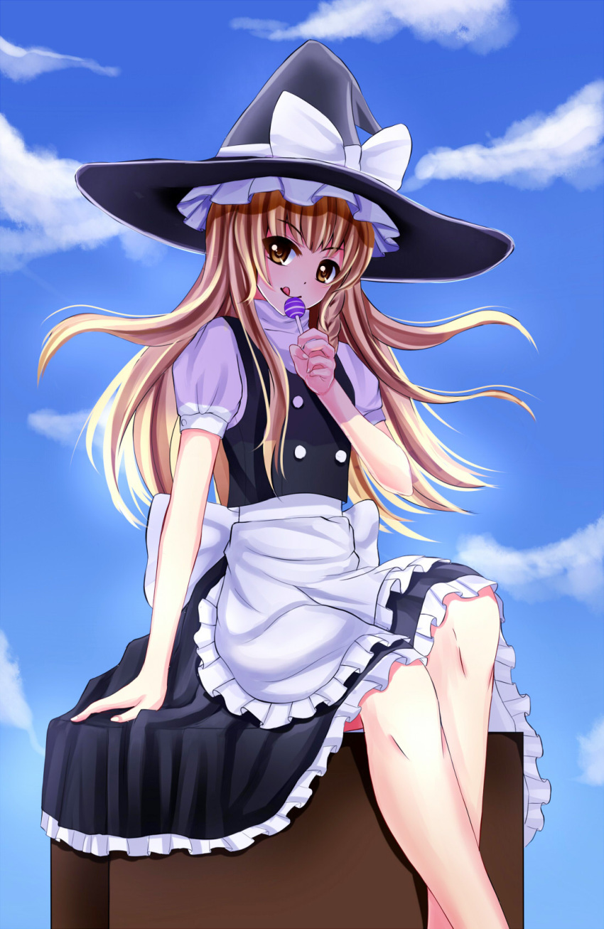 1girl blonde_hair brown_eyes candy dress hat highres kirisame_marisa lollipop long_hair looking_at_viewer meng_xiao_jiong sitting sky solo tongue touhou witch_hat