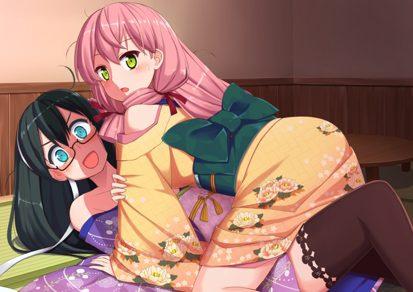 2girls :o akashi_(kantai_collection) all_fours alternate_costume bangs bare_shoulders black_hair black_legwear blue_eyes blush caught cerasus clothes_down collarbone embarrassed floral_print from_behind girl_on_top glasses green_eyes hair_between_eyes hair_ribbon indoors japanese_clothes kantai_collection kimono long_hair looking_at_viewer looking_back lying multiple_girls obi off_shoulder on_back on_floor ooyodo_(kantai_collection) open_mouth pink_hair print_kimono ribbon sash semi-rimless_glasses sidelocks surprised table tassel tatami thigh-highs tress_ribbon underwear wainscoting wooden_floor yuri