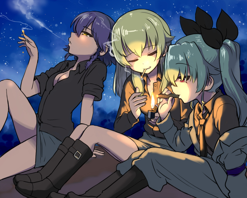 3girls anchovy black_hair black_shirt blonde_hair boots braid breasts brown_eyes carpaccio cigar cigarette cleavage closed_eyes clothes_removed dress_shirt drill_hair from_side girls_und_panzer green_hair hair_ribbon jacket jacket_removed knee_boots long_hair miniskirt multiple_girls necktie night night_sky open_clothes open_jacket pants pencil_skirt pepperoni_(girls_und_panzer) red_eyes ribbon sabaku_chitai shirt short_hair side_braid sitting skirt sky smoking star_(sky) starry_sky twin_drills twintails