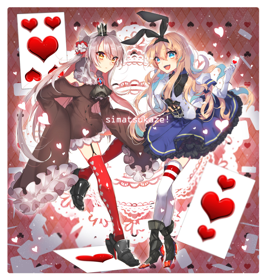 2girls :d adapted_costume amatsukaze_(kantai_collection) anchor_hair_ornament bare_shoulders blonde_hair blue_eyes brown_dress brown_eyes card crown detached_sleeves dress elbow_gloves frilled_skirt frills gloves hair_ornament hearts_(playing_card) highres kantai_collection long_hair looking_at_viewer multiple_girls open_mouth playing_card puffy_short_sleeves puffy_sleeves red_legwear shimakaze_(kantai_collection) short_sleeves silver_hair skirt sleeves_past_wrists smile thigh-highs two_side_up very_long_sleeves white_gloves white_legwear yakusuke