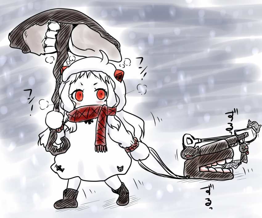 1girl ahoge boots coat commentary_request dress holding horns kantai_collection long_hair mittens northern_ocean_hime nozarashi_satoru pale_skin red_eyes scarf shinkaisei-kan snow snowing umbrella white_dress white_hair white_skin