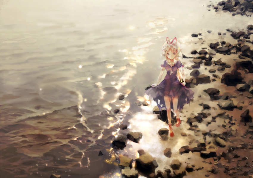 1girl akidee backlighting blonde_hair breasts choker coast dress dress_grab elbow_gloves gloves hat hat_ribbon highres legs long_hair looking_at_viewer mob_cap ocean parted_lips purple_dress red_shoes ribbon ribbon_choker rock see-through shoes short_sleeves solo sunset thighs torn_clothes torn_dress touhou violet_eyes walking water waves white_gloves yakumo_yukari younger
