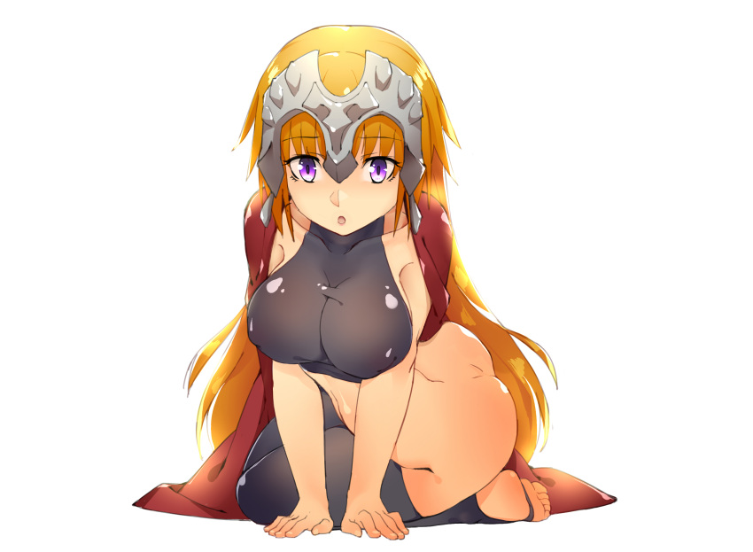 1girl ass barefoot blonde_hair bottomless bottomless_female breasts cape covered_nipples fate/grand_order fate_(series) grey_legwear heihei_de_hei_yan_long helmet highres long_hair no_panties ruler_(fate/apocrypha) sitting solo thigh-highs thighs type-moon violet_eyes