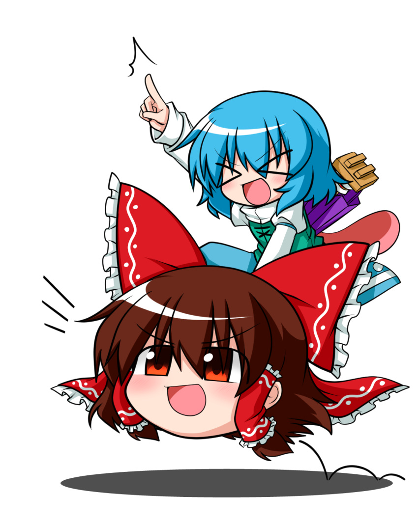 &gt;:d &gt;_&lt; /\/\/\ 1girl :d blue_hair blush bow brown_eyes brown_hair closed_eyes geta hair_bow hair_tubes hakurei_reimu highres hopping karakasa_obake katsumi5o large_bow open_mouth riding short_hair skirt smile solo tatara_kogasa touhou tunic umbrella xd