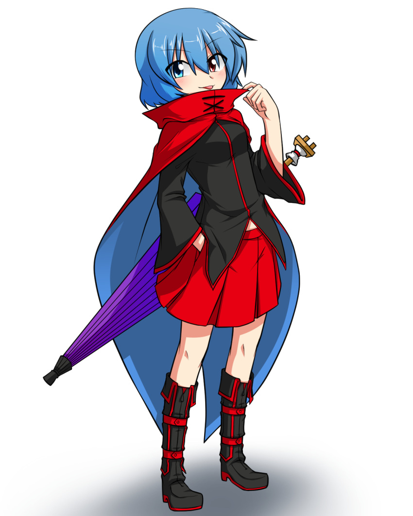 1girl :p belly_peek blue_eyes blue_hair blush boots cape hair_between_eyes hands_in_pockets heterochromia high_collar highres karakasa_obake katsumi5o looking_at_viewer red_eyes sekibanki sekibanki_(cosplay) sheath sheathed short_hair skirt solo tatara_kogasa tongue tongue_out touhou tunic umbrella