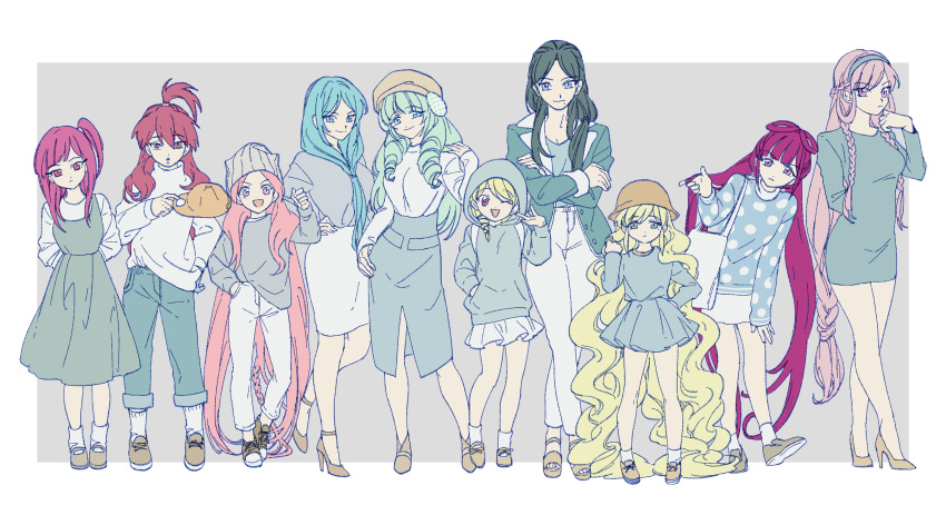 6+girls :d ;d absurdly_long_hair alternate_costume aqua_hair arms_behind_back bag bangs beanie blazer blonde_hair blue_eyes blue_hair blunt_bangs braid breasts brown_shoes clenched_hand closed_mouth contrapposto cousins dress drill_hair dunya_mustashim fashion flat_chest front_ponytail full_body grey_background grey_shirt hair_ornament hair_rings hair_tucking hairband hand_in_pocket hand_on_hip hat hat_removed head_tilt headwear_removed high_heels highres holding holding_hair holding_hat hood hoodie large_breasts leaning_to_the_side lineup long_hair long_sleeves low-tied_long_hair magi_the_labyrinth_of_magic miniskirt morgiana multiple_girls myron_alexius noeunjung93 one_eye_closed one_side_up open_mouth pants pants_rolled_up pencil_skirt pink_eyes pink_hair pisti platform_footwear pleated_skirt polka_dot polka_dot_shirt red_eyes redhead ren_hakuei ren_kougyoku scheherazade_(magi) serendine_dikumenowlz_du_parthevia sheba_(magi) shirt shoes short_dress short_hair short_sleeves shoulder_bag simple_background skirt smile sneakers socks standing standing_on_one_leg sweater swept_bangs turtleneck twin_braids twin_drills very_long_hair wavy_hair white_legwear white_pants white_shirt white_skirt white_sweater yamuraiha