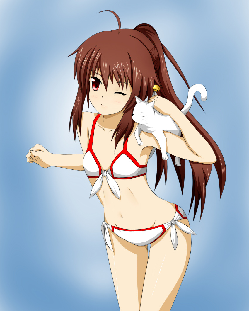 1girl bikini brown_hair cat front-tie_bikini front-tie_top highres j-rakan little_busters!! long_hair natsume_rin navel one_eye_closed ponytail red_eyes side-tie_bikini solo swimsuit white_bikini white_cat white_swimsuit