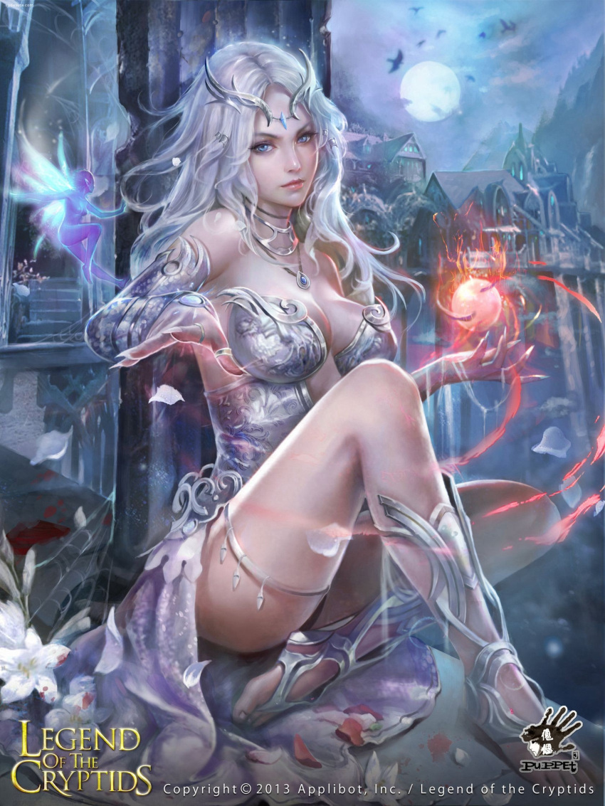 1girl artist_name artist_request bare_shoulders barefoot blue_eyes breasts cleavage elbow_gloves fairy gloves highres jewelry large_breasts legend_of_the_cryptids long_hair looking_at_viewer magic moon necklace night night_sky petals sitting sky tiara white_hair