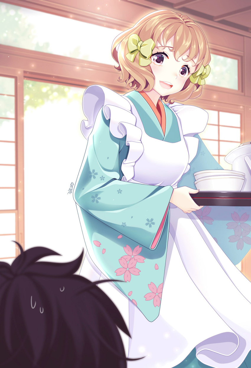 1boy 1girl apron brown_eyes brown_hair hanasaku_iroha highres japanese_clothes kimono loggi matsumae_ohana short_hair waitress