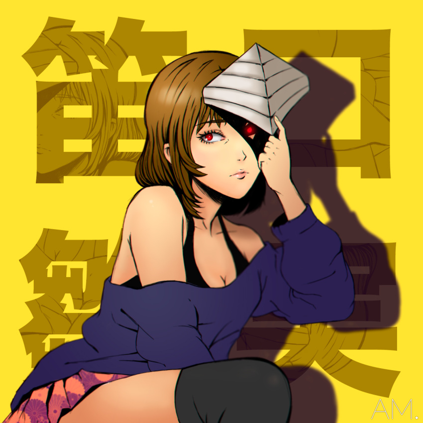 1girl amyenah artist_name breasts brown_hair cleavage fueguchi_hinami glowing glowing_eyes heterochromia highres mask mask_removed miniskirt off-shoulder_sweater pleated_skirt red_eyes shadow skirt solo sweater tank_top thigh-highs tokyo_ghoul tokyo_ghoul:re