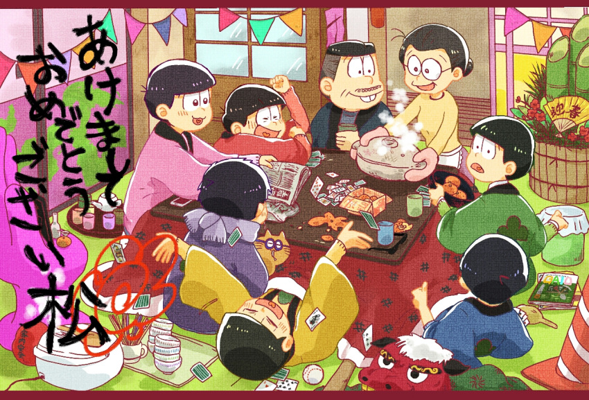 1girl 6+boys animal bamboo banner baseball baseball_bat cat cooking_pot facial_hair family fan father_and_son flower_pot folding_fan food fruit garland_(decoration) glasses gloves haori heart heart_in_mouth indoors japanese_clothes kadomatsu kotatsu magazine mandarin_orange matsuno_choromatsu matsuno_ichimatsu matsuno_juushimatsu matsuno_karamatsu matsuno_matsuyo matsuno_matsuzou matsuno_osomatsu matsuno_todomatsu mother_and_son multiple_boys mustache new_year newspaper osomatsu-kun osomatsu-san oven_mitts plant potted_plant rice_cooker scarf sextuplets steam table teapot teeth thumbs_up traffic_cone trash_can under_kotatsu under_table whiskers yunomi