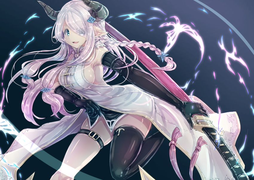 1girl black_gloves black_legwear blue_eyes braid breasts gloves granblue_fantasy hair_ornament hair_over_one_eye hairclip highres horns large_breasts long_hair looking_at_viewer mismatched_legwear narumeia_(granblue_fantasy) opanchu_(pixiv259683) open_mouth pointy_ears purple_hair sideboob simple_background single_braid single_thighhigh solo sword thigh-highs transparent weapon