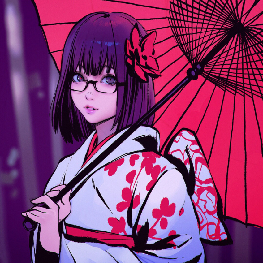 1girl bamboo bamboo_forest bangs floral_print flower forest hair_flower hair_ornament highres holding holding_umbrella ilya_kuvshinov japanese_clothes kimono long_sleeves looking_at_viewer nature obi original parasol purple_hair red_pupils sash solo umbrella upper_body violet_eyes