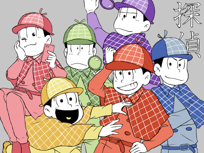 6+boys :&lt; ;3 adjusting_clothes adjusting_hat black_hair brothers cellphone deerstalker detective hat heart heart_in_mouth highres jitome looking_at_viewer magnifying_glass male_focus matsuno_choromatsu matsuno_ichimatsu matsuno_juushimatsu matsuno_karamatsu matsuno_osomatsu matsuno_todomatsu multiple_boys osomatsu-kun osomatsu-san phone sextuplets siblings sitting sitting_on_person smartphone