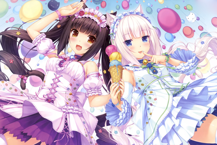 2girls :3 :d absurdres animal_ears balloon bell bell_collar blue_eyes blue_ice_cream blush brown_hair cat_ears chocola_(sayori) collar corset detached_sleeves dress finger_to_mouth food food_print food_themed_clothes happy highres ice_cream ice_cream_cone jingle_bell long_hair macaron multiple_girls nail_polish nekopara open_mouth original pink_hair puffy_detached_sleeves puffy_sleeves sayori siblings sisters smile strawberry_ice_cream tail thigh-highs triple_scoop twintails vanilla_(sayori) white_hair yellow_ice_cream