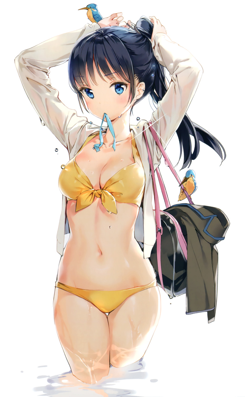 1girl absurdres adjusting_hair anmi arms_up bag bikini bird black_hair blazer blue_eyes blush breasts cleavage cowboy_shot detexted front-tie_top highres long_hair looking_at_viewer mouth_hold navel open_clothes open_shirt original ponytail ribbon_in_mouth scan see-through shirt shoulder_bag simple_background solo sparkle swimsuit thigh_gap tying_hair wading wet wet_clothes wet_shirt white_background yellow_bikini