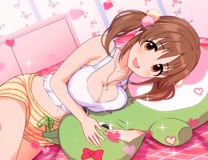 1girl :d blush breasts brown_hair dutch_angle eyebrows_visible_through_hair fang floral_print heart heart_necklace heart_print highres idolmaster idolmaster_cinderella_girls indoors large_breasts looking_at_viewer lying natsuya_(natuya777) navel object_hug on_side pina_korata plunging_neckline rose_print shorts skin_fang smile solo striped striped_shorts stuffed_toy tank_top totoki_airi twintails white_tank_top