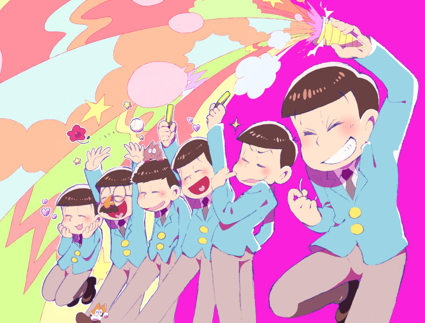 6+boys :d ^_^ ^o^ animal animal_on_head arms_up baseball black_necktie blush brothers brown_hair buttons cat cat_on_head closed_eyes collarbone fake_nose flower glasses glint grin grinding_teeth hands_on_own_cheeks hands_on_own_face heart heart_in_mouth highres jumping long_sleeves looking_at_viewer matsuno_choromatsu matsuno_ichimatsu matsuno_juushimatsu matsuno_karamatsu matsuno_osomatsu matsuno_todomatsu multiple_boys open_mouth osomatsu-kun osomatsu-san party_popper peeking_out pointing pointing_at_self shirt short_hair siblings smile sparkle star throwing whiskers white_shirt