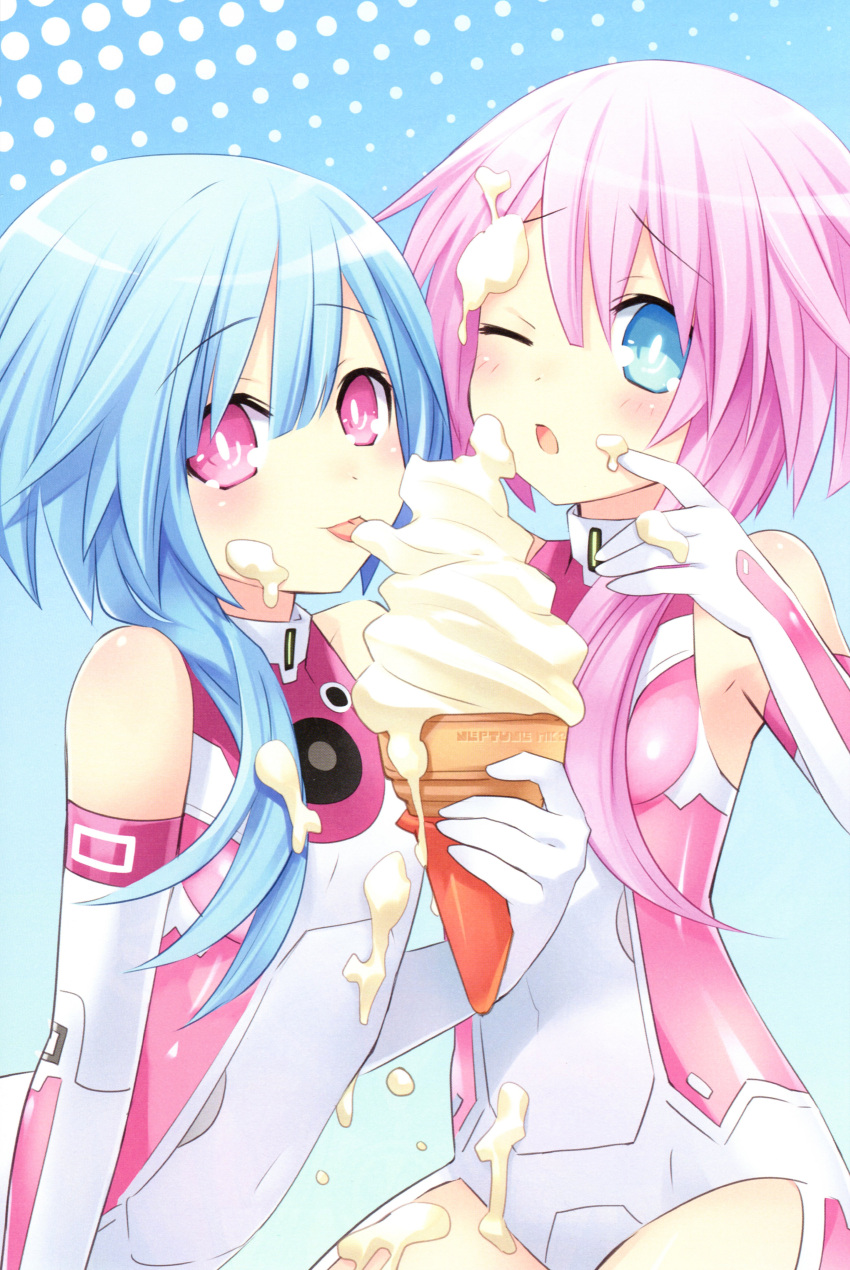 2girls absurdres bare_shoulders blue_eyes blue_hair eating food gloves highres ice_cream long_hair looking_at_viewer multiple_girls neptune_(series) official_art pink_hair power_symbol ram_(choujigen_game_neptune) rom_(choujigen_game_neptune) scan sexually_suggestive smile symbol-shaped_pupils tsunako white_sister_ram white_sister_rom