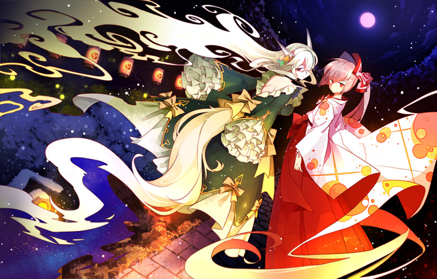 2girls absurdly_long_hair albino alternate_costume back bow bracelet clouds diamond_(shape) dress ex-keine frilled_sleeves frills fujiwara_no_mokou full_moon gradient_hair grass green_dress green_hair hair_bow hakama horn_ribbon horns japanese_clothes jewelry kamishirasawa_keine lantern long_hair long_sleeves looking_at_viewer looking_back moon multicolored_hair multiple_girls night night_sky paper_lantern pavement pink_moon ponytail red_eyes ribbon shide silver_hair sky smoke snowing stone_lantern tail tail_through_clothes touhou very_long_hair white_hair wide_sleeves yellow_bow yetworldview_kaze