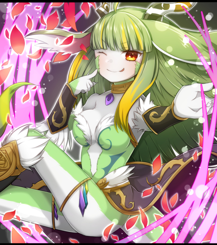 1girl ;q ahoge akiran'nu blonde_hair bracer dragon_girl dragon_tail facial_mark fur_trim green_hair highres horns jewelry letterboxed long_hair multicolored_hair one_eye_closed orange_eyes pendant petals pointing pointing_at_self puzzle_&amp;_dragons rinshia_(p&amp;d) smile solo tail tongue tongue_out two-tone_hair