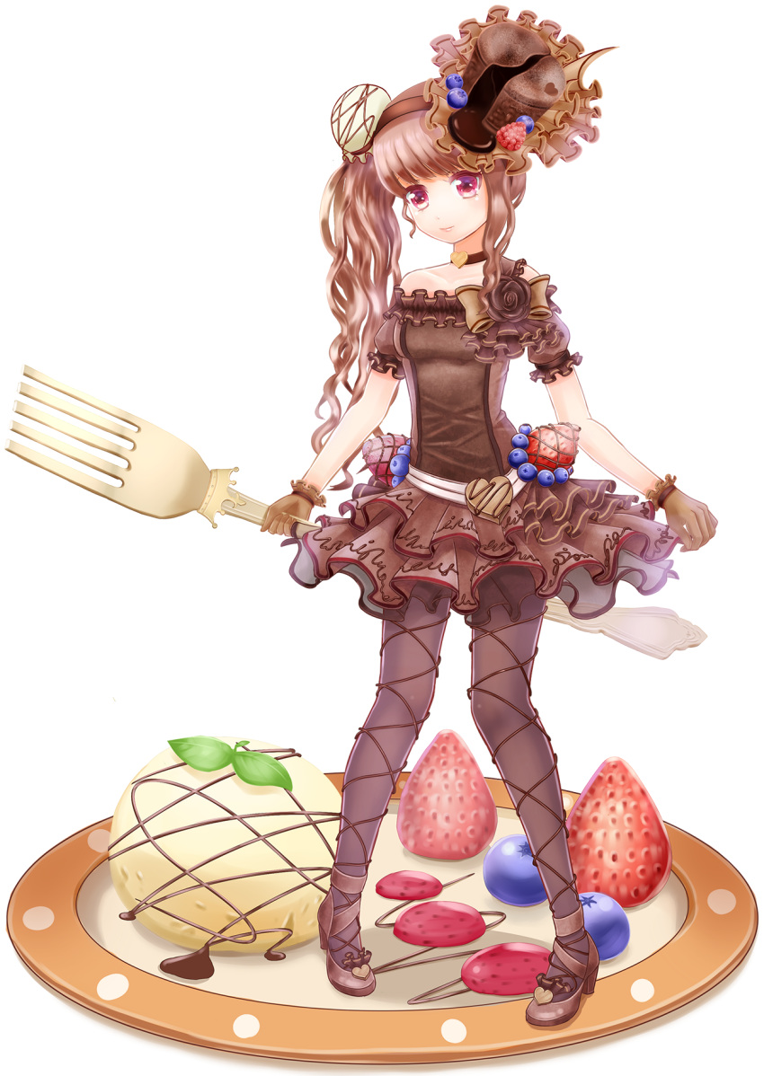 1girl blueberry blueberry_hair_ornament bow brown_bow brown_gloves brown_hair brown_legwear brown_rose brown_shoes brown_skirt cake_hair_ornament chocolate_syrup choker fondant_au_chocolat food food_as_clothes food_themed_clothes food_themed_ornament frills fruit full_body gloves hairband high_heels highres long_hair looking_at_viewer original pantyhose personification plate pocketland raspberry_hair_ornament red_eyes rizumari shoes side_ponytail skirt solo standing strawberry white_background