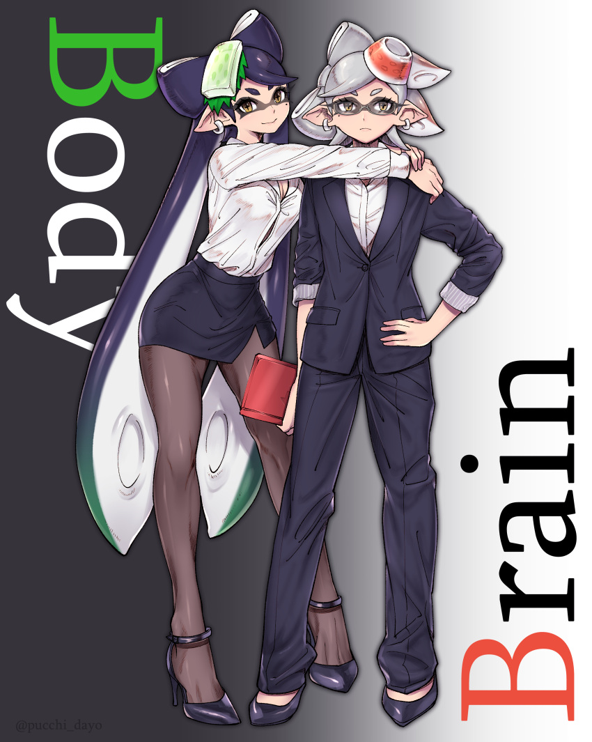 +_+ 2girls :&gt; absurdres alternate_costume aori_(splatoon) arm_around_shoulder bangs black_jacket black_legwear black_pants black_shoes black_skirt bowl breasts cleavage closed_mouth collared_shirt domino_mask dress_shirt earrings eyebrows eyelashes food food_on_head formal frown full_body gradient gradient_background grey_hair hand_on_another's_shoulder hand_on_hip high_heels highres holding hotaru_(splatoon) inkling jacket jewelry legs_apart long_hair long_sleeves looking_at_viewer mask mole mole_under_eye multiple_girls object_on_head pants pantyhose pencil_skirt pointy_ears puchiman purple_hair shirt shoes skirt skirt_suit sleeves_rolled_up splatoon standing suit swept_bangs tentacle_hair text thick_eyebrows white_shirt yellow_eyes