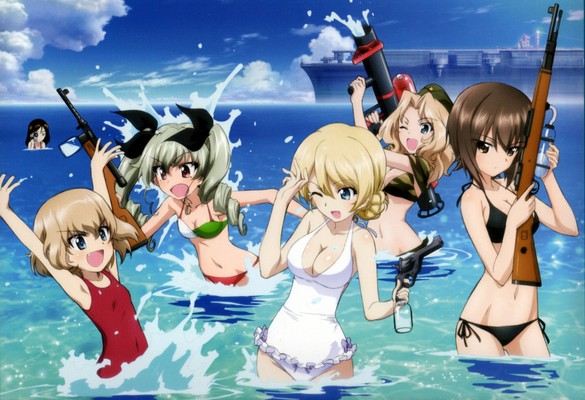 aircraft_carrier anchovy artist_request bikini black_bikini blonde_hair blue_eyes braid breasts brown_hair camcorder camouflage camouflage_bikini cleavage clouds cloudy_sky darjeeling drill_hair fang flag_print frilled_swimsuit frills garrison_cap girls_und_panzer green_hair hair_ribbon hat highres holding italian_flag italian_flag_bikini katyusha kay_(girls_und_panzer) long_hair looking_at_another looking_at_viewer navel nishizumi_maho nonna ocean official_art one-piece_swimsuit one_eye_closed outdoors pistol print_bikini red_swimsuit ribbon scan ship short_hair sky splashing swimsuit twin_drills twintails warship water_gun white_swimsuit