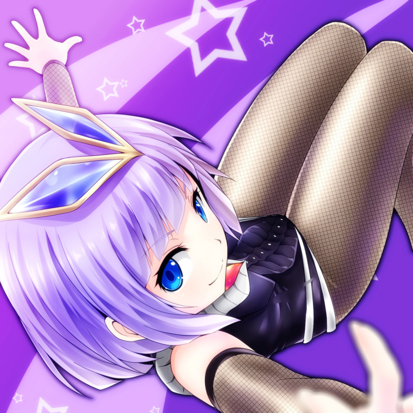 1girl bangs blue_eyes blurry closed_mouth female fishnet_pantyhose fishnets from_above genderswap hair_ornament highres leotard looking_at_viewer looking_up mephilas_seijin outstretched_arms pantyhose personification purple_background purple_hair short_hair sleeveless smile solo spread_arms star ultra_kaijuu_gijinka_keikaku ultra_series v watarui