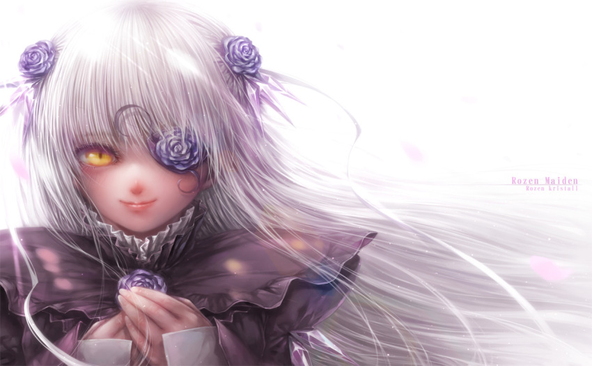 1girl bangs blue_flower closed_mouth crescent crystal dress eyepatch floating_hair flower flower_eyepatch frilled_collar frills hair_flower hair_ornament hair_ribbon hands_together kirakishou long_hair looking_at_viewer misaki_(kyal_001) petals puffy_sleeves red_lips ribbon rose rozen_maiden silver_hair simple_background smile solo sunlight upper_body white_background white_hair white_ribbon yellow_eyes