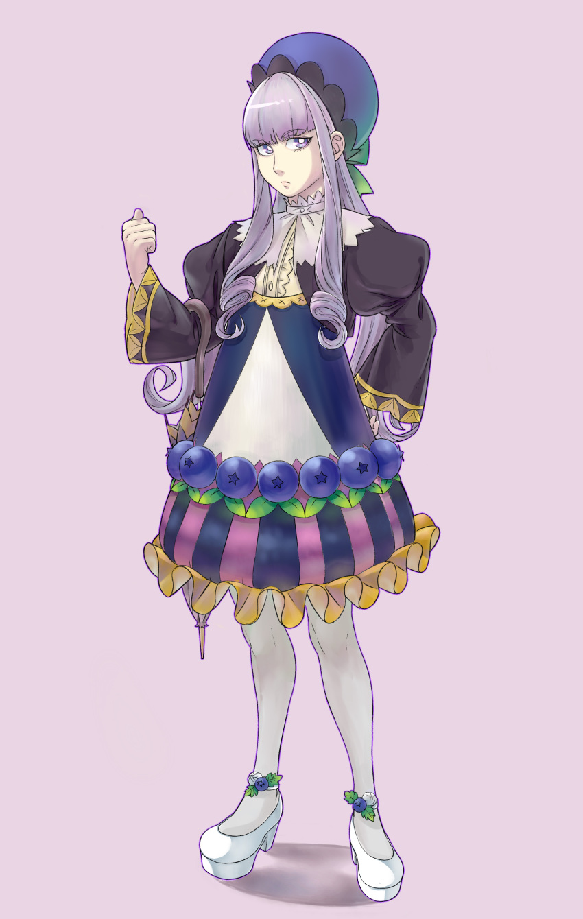 1girl absurdres blueberry blueberry_tart food food_as_clothes food_themed_clothes fruit full_body hat highres long_hair omotichan original personification pocketland purple_background purple_hair shoes solo standing tagme umbrella violet_eyes white_legwear white_shoes