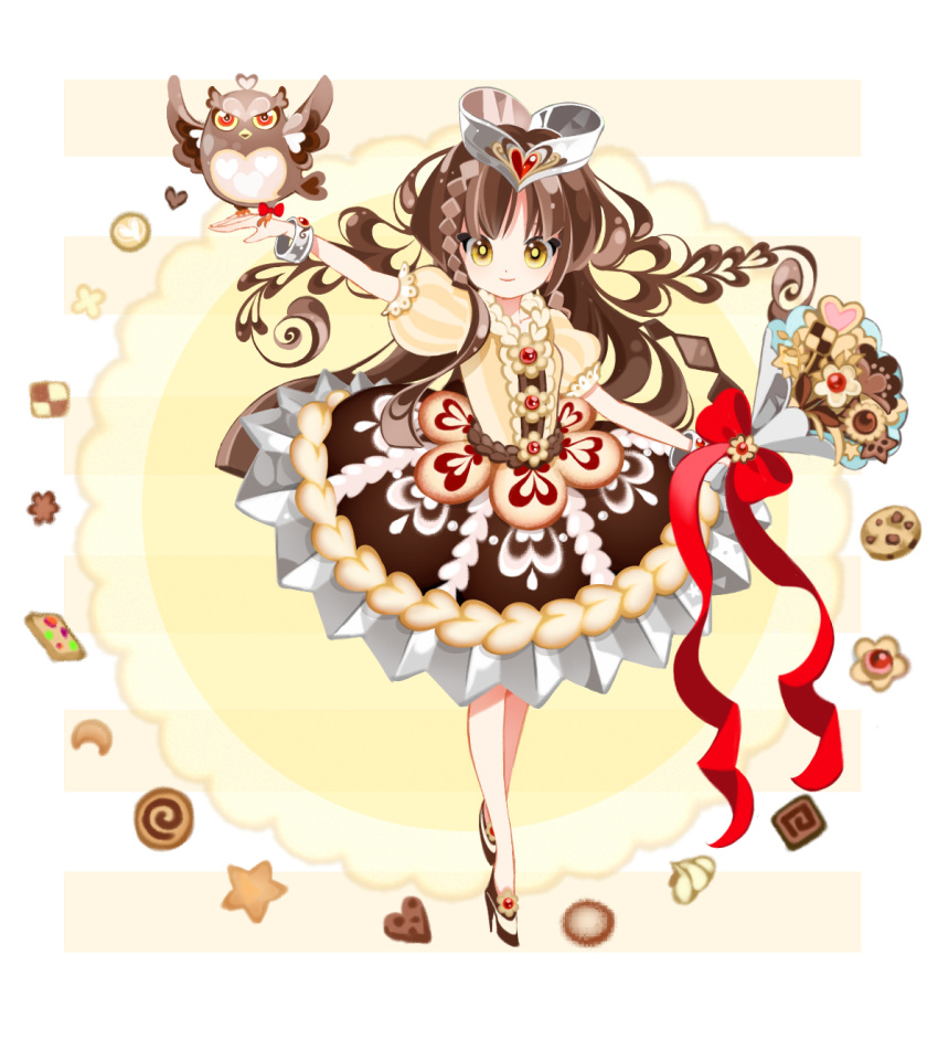 1girl arm_up bird bird_on_hand bouquet bow bracelet bright_pupils brown_hair brown_shoes checkerboard_cookie chocolate_chip_cookie cookie flower food food_themed_clothes full_body hat high_heels highres jewelry layered_dress long_hair looking_at_viewer mochikin_(jijijin) original owl personification pocketland puffy_sleeves red_bow shoes smile solo standing yellow_eyes