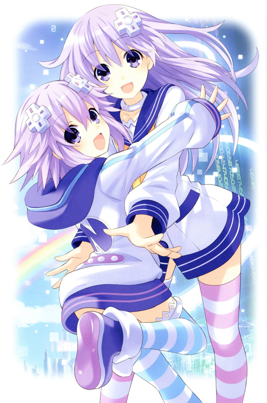 2girls absurdres blue_eyes d-pad hair_ornament highres long_hair multiple_girls nepgear neptune_(choujigen_game_neptune) neptune_(series) official_art purple_hair scan short_hair siblings sisters striped striped_legwear tsunako violet_eyes