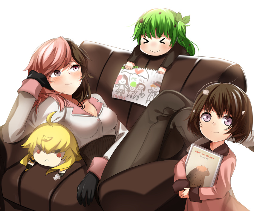 artist_request blush book brown_hair character_doll child_drawing crayon green_hair heterochromia i_want_my_hat_back mother_and_daughter multicolored_hair neo_(rwby) pink_hair reclining roman_torchwick rwby siblings sisters smile what_if yang_xiao_long