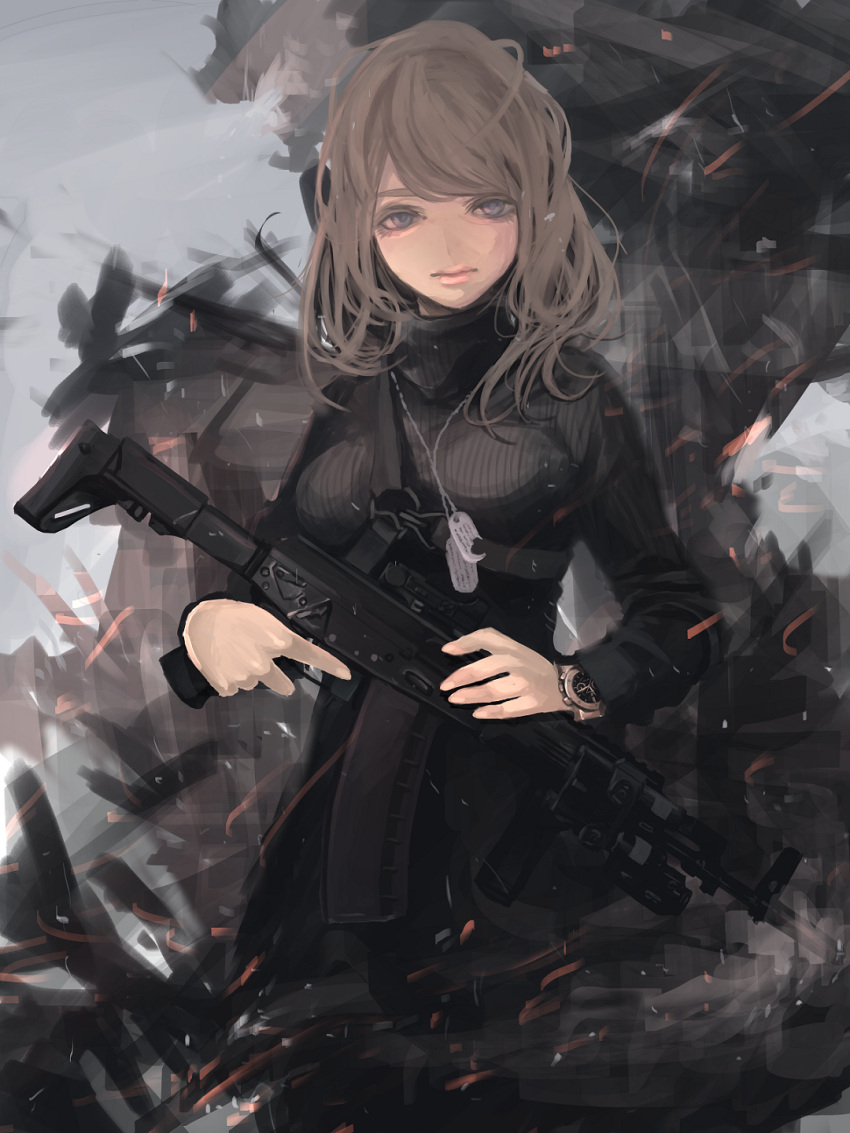 1girl ak-12 assault_rifle bodysuit brown_hair dog_tags grey_eyes gun highres long_hair looking_at_viewer original rifle solo terabyte_(rook777) watch watch weapon