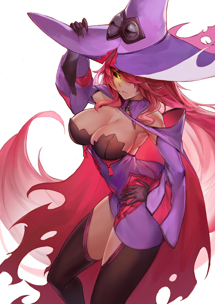 1girl absurdres atorosu black_sclera blazblue blazblue:_central_fiction breasts cleavage hat highres konoe_a_mercury large_breasts long_hair redhead simple_background solo white_background witch_hat
