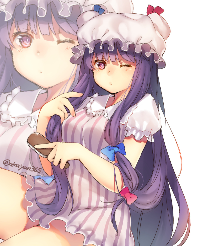1girl akayan bangs blue_bow blush bow crescent_hair_ornament dress eyebrows eyebrows_visible_through_hair frilled_collar frilled_sleeves frills hair_bow hair_brush hair_brushing hair_ornament hat hat_ribbon highres long_hair looking_at_viewer mob_cap one_eye_closed patchouli_knowledge puffy_short_sleeves puffy_sleeves purple_hair red_bow ribbon short_dress short_sleeves sitting solo striped striped_dress touhou twitter_username very_long_hair violet_eyes zoom_layer