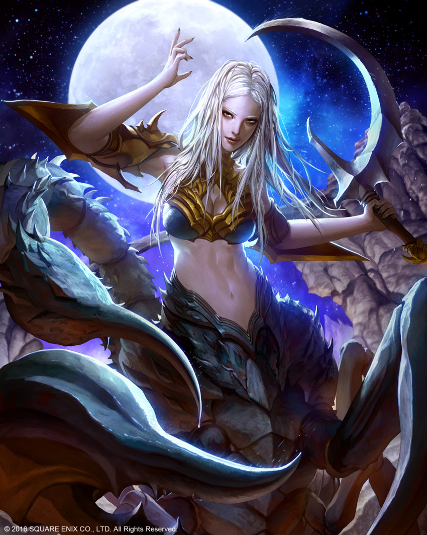1girl abs armpits blue_eyes breasts cleavage cleavage_cutout highres long_hair looking_at_viewer looking_to_the_side monster_girl moon muscle nail_polish night pincers rock scorpion scorpion_tail solo spaulders square_enix star sword tail victor_bang weapon white_hair