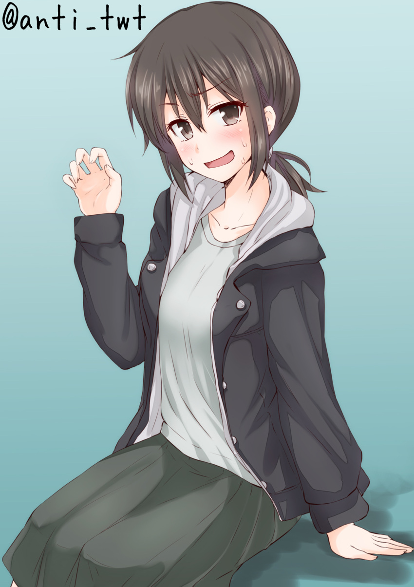 1girl anti_(untea9) bangs black_eyes black_hair black_skirt blue_background blush casual commentary confused female fubuki_(kantai_collection) grey_shirt hairband highres hood hoodie kantai_collection long_sleeves looking_at_viewer open_clothes open_hoodie open_mouth ponytail shirt short_hair simple_background sitting skirt smile solo sweat twitter_username