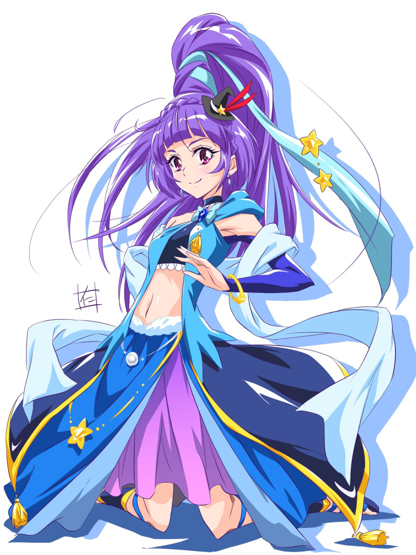 1girl armpits black_hat blue_bow blue_ribbon bow braid crown_braid cure_magical full_body hair_ribbon hat highres izayoi_liko kneeling long_hair looking_at_viewer magical_girl mahou_girls_precure! mini_hat mini_witch_hat navel nii_manabu ponytail precure purple_hair purple_skirt ribbon sapphire_(stone) sapphire_style sash signature skirt smile solo violet_eyes white_background witch_hat