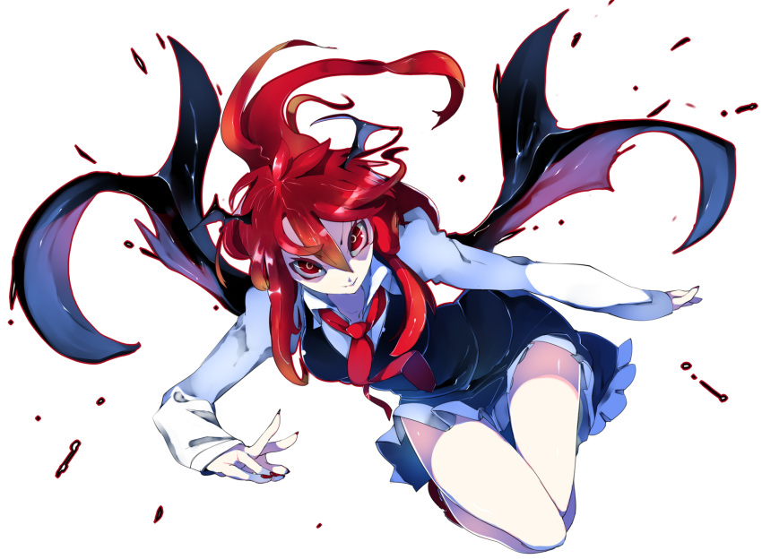 &gt;:) 1girl bat_wings breasts collarbone commentary_request crazy_eyes dress_shirt frills full_body gradient_hair head_wings highres ikurauni juliet_sleeves koakuma long_hair long_sleeves looking_at_viewer multicolored_hair nail_polish necktie puffy_sleeves red_eyes red_necktie redhead ringed_eyes shirt shoes sidelocks simple_background skirt skirt_set thigh_gap touhou vest white_background white_shirt wings