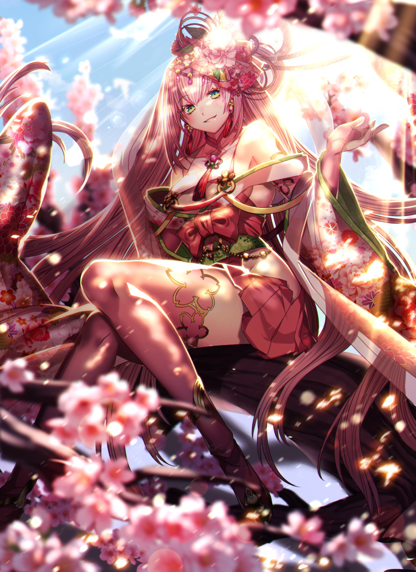 1girl bare_shoulders breasts cherry_blossoms detached_sleeves earrings elbow_gloves floral_print flower gloves green_eyes grin hair_flower hair_ornament highres japanese_clothes jewelry katagiri_hachigou kimono long_hair looking_at_viewer original outstretched_hand pink_gloves pink_hair pink_legwear sideboob sitting smile solo thigh-highs very_long_hair
