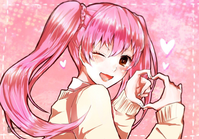 1girl artist_name blush f6 genderswap heart long_hair matsuno_todomatsu nyarotyn osomatsu-kun osomatsu-san pink_background pink_hair school_uniform smile twintails