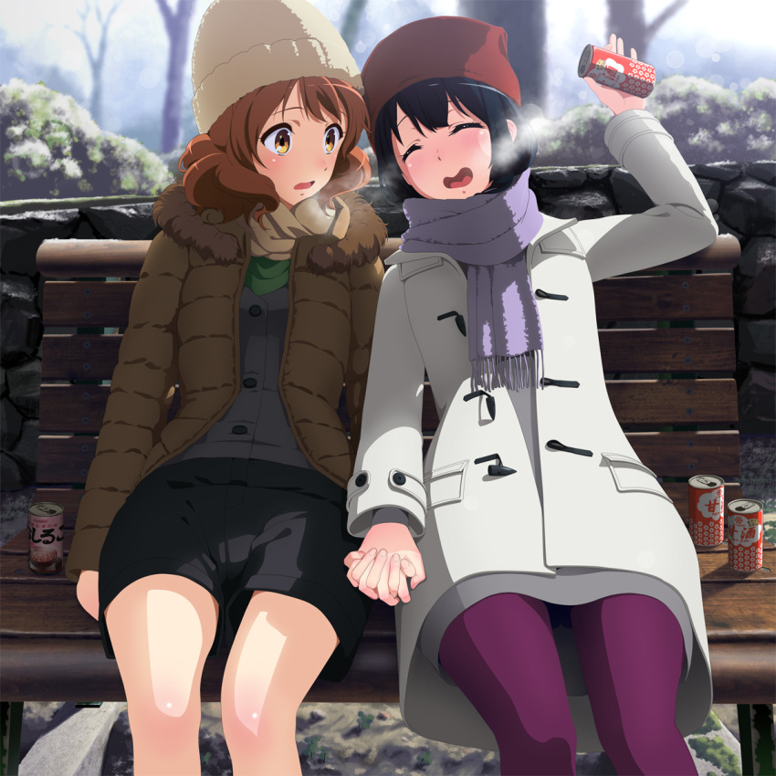 2girls alternate_costume arm_at_side arms_at_sides bangs beanie bench black_hair black_shorts blurry blush bokeh breath brown_eyes brown_hair brown_scarf bush buttons coat depth_of_field dress full-face_blush fur_trim grey_dress hand_up hat hibike!_euphonium highres holding_can holding_hands hood hood_down hooded_jacket interlocked_fingers jacket kousaka_reina laughing long_hair long_sleeves looking_at_another multiple_girls open_mouth oumae_kumiko outdoors pantyhose park_bench purple_legwear purple_scarf scarf short_hair shorts sitting snow soda_can sonouchi_(bigsummersky) swept_bangs tree unbuttoned winter winter_clothes winter_coat